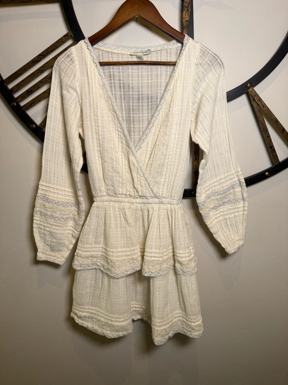 American Eagle Cream Crochet-Trim Gauze Dress - Picture 2 of 8